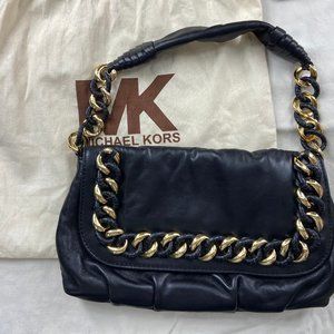 Michael Kors Black Leather Hand Bag Gold Accent